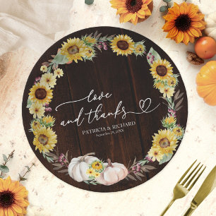Love and Thanks Sunflower White Pumpkin Wedding Paper Plate