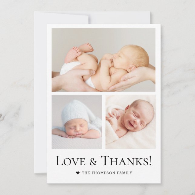 Love and Thanks Typography Photo Grid Baby Boy Thank You Card (Front)