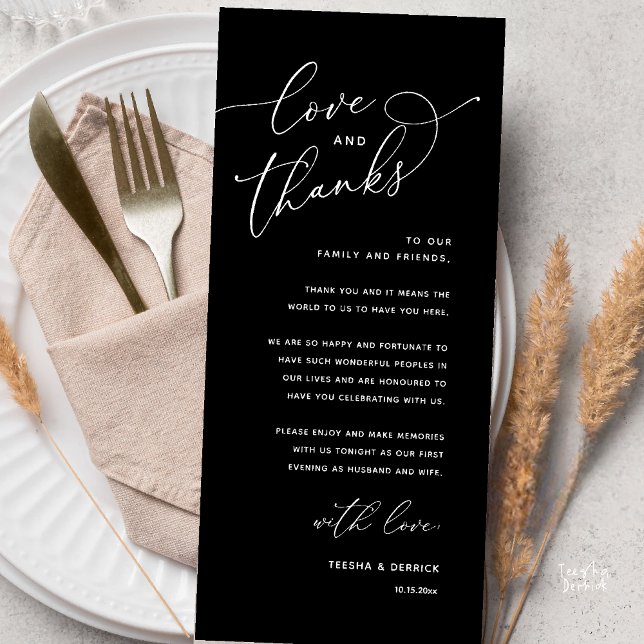 Love and Thanks, Wedding Dinner Thank You Card (Love and Thanks, Wedding Romantic Reception Thank You Card in Black and White)