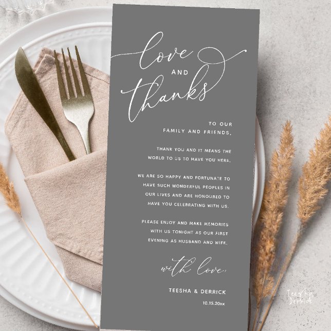 Love and Thanks, Wedding Dinner Thank You Card (Love and Thanks, Wedding Romantic Reception Thank You Card in Dark Grey)