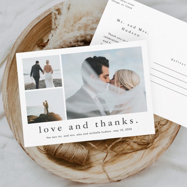 Love and Thanks Wedding Photo Thank You  Postcard (Simple black and white love and thanks 3 photo collage wedding thank you postcard.)