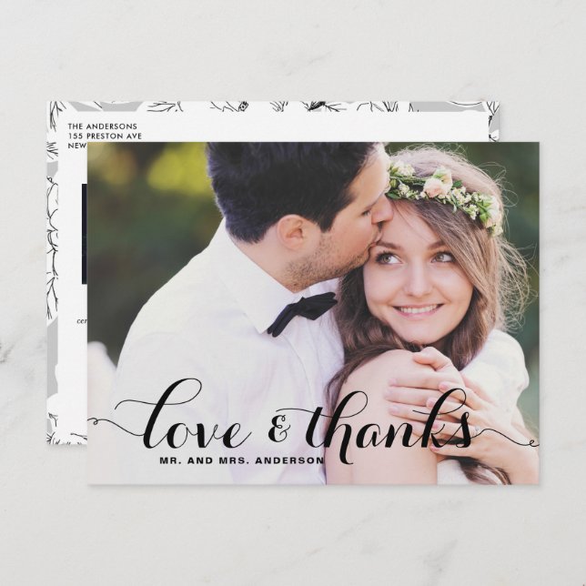 Love and Thanks Whimsical Script Photo Wedding Postcard (Front/Back)