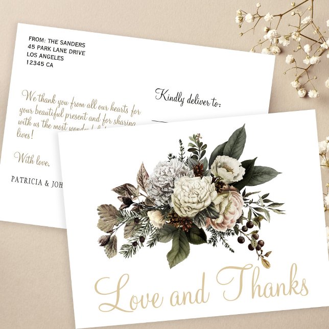 Love and thanks winter floral wedding thank you postcard (Creator Uploaded)