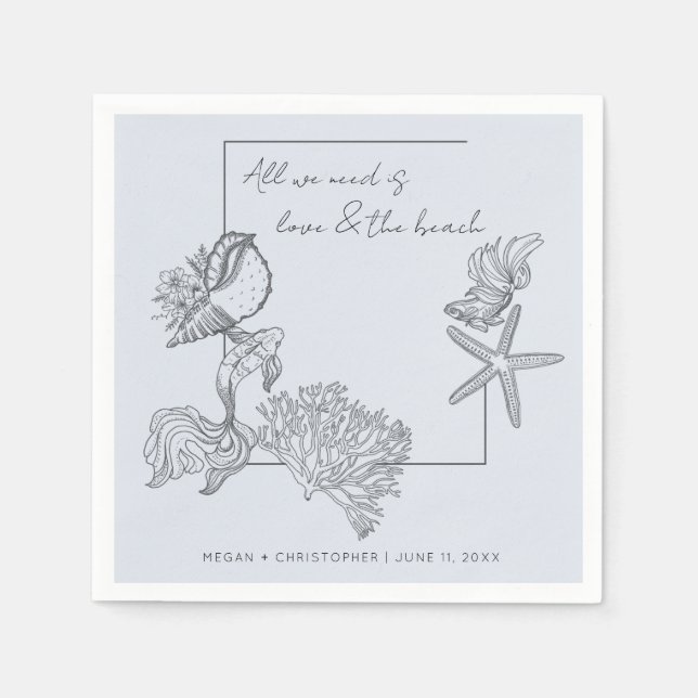 Love and The Beach Coastal Seashell Wedding Napkin (Front)