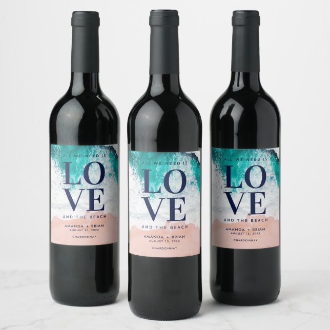 Love and the Beach Coastal Wedding Wine Label (Bottles)