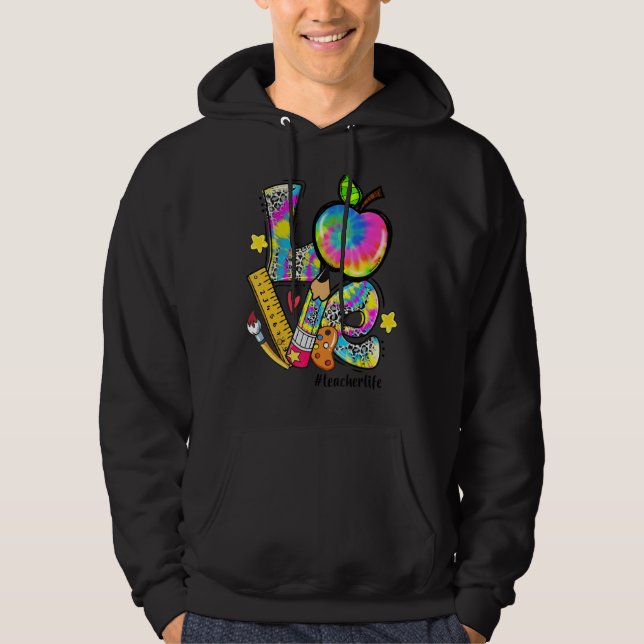 Love Apple Tie Dye Leopard Teacher Life Back To Sc Hoodie (Front)