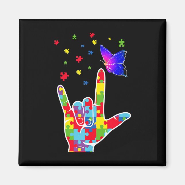 Love ASL Sign Language Puzzle Butterfly Autism Awa Magnet (Front)