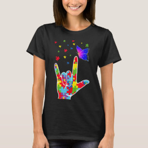 Love Asl Sign Language Puzzle Butterfly Autism Awa T-Shirt