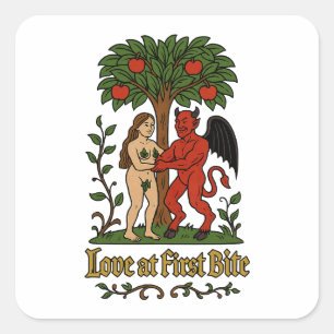 Love at First Bite – Mediaeval Devil & Eve Meme Square Sticker