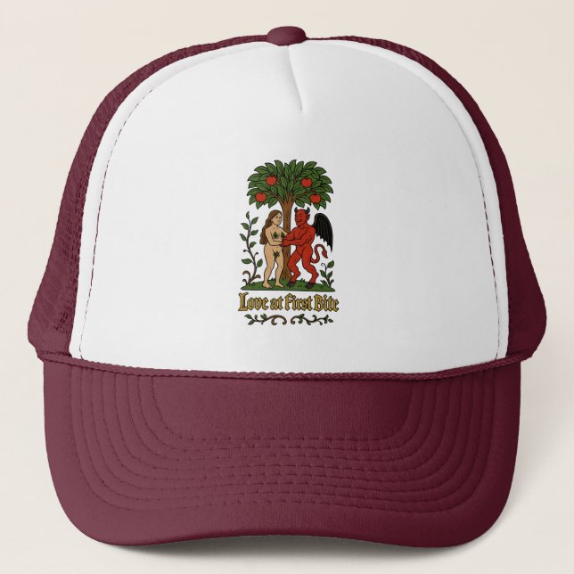 Love at First Bite – Mediaeval Devil & Eve Meme Trucker Hat (Front)