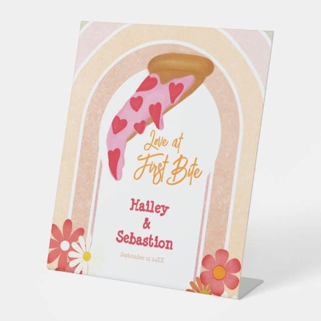 Love At First Bite Pizza Wedding Reception Pedestal Sign (Front)