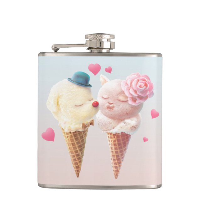 Love at First Lick: Bichon & Cat Ice Cream Art Hip Flask (Front)