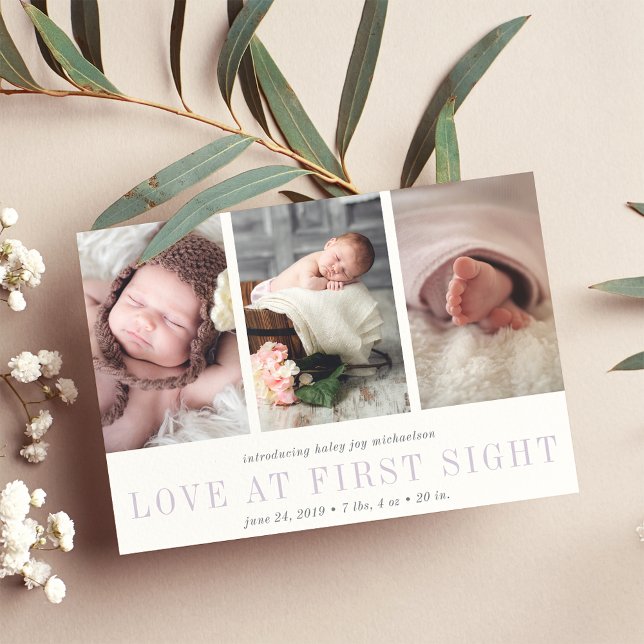 Love at First Sight Three Photo Birth Announcement (Creator Uploaded)
