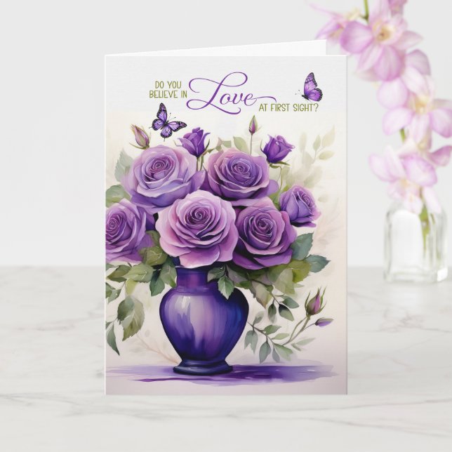 Love at First Sight Vase of Purple Roses Romantic Card (Orchid)