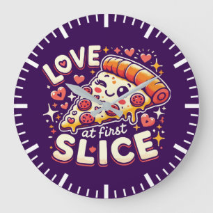 Love at First Slice, Cute Funny Pizza Lover Humour Large Clock