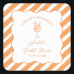 Love at First Spritz Bridal Shower Italian Aperol  Square Sticker<br><div class="desc">Seal the deal with this “Love at First Spritz” favour sticker—perfect for spritz-themed bridal showers and bachelorette brunches. Featuring a chic orange striped background and hand-drawn spritz illustration, this label adds a playful, polished touch to mini bottles, gift bags, or party favours. Personalise with the bride’s name and date to...</div>