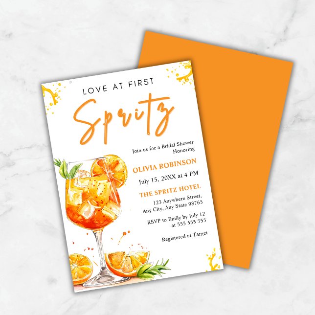 Love at First Spritz Cocktail Orange Bridal Shower Invitation (Love at First Spritz Cocktail Orange Bridal Shower Invitation )