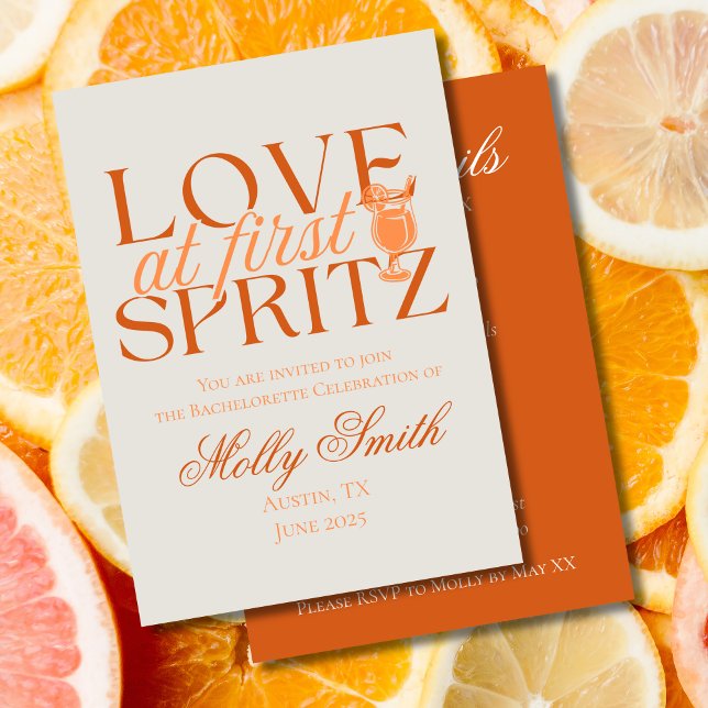 Love at First Spritz – Fun Orange Bachelorette Invitation (Love at First Spritz invite with modern orange font – perfect for engagement or bridal celebrations!)