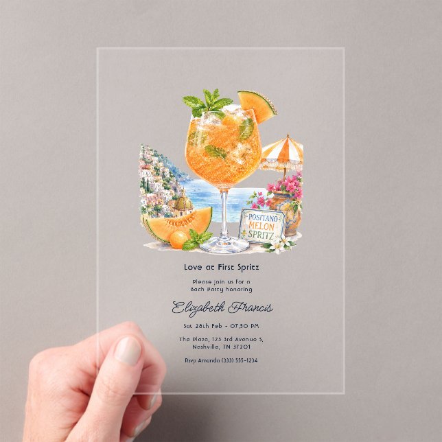 Love at First Spritz Melon Spritz Bachelorette Acrylic Invitations (Insitu (Handheld))