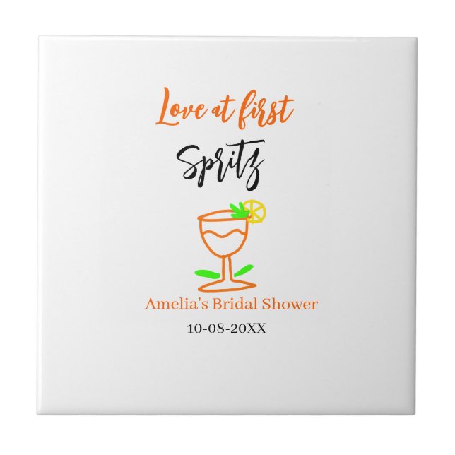 Love at first spritz orange black bridal shower gl ceramic tile (Front)