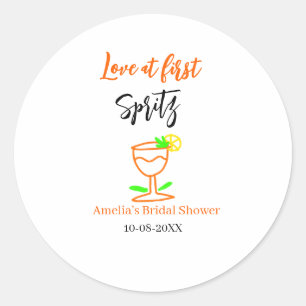 Love at first spritz orange black bridal shower gl classic round sticker