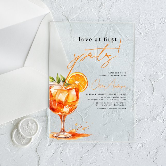 Love at First Spritz Orange Bridal Shower  Acrylic Invitations (Creator Uploaded)