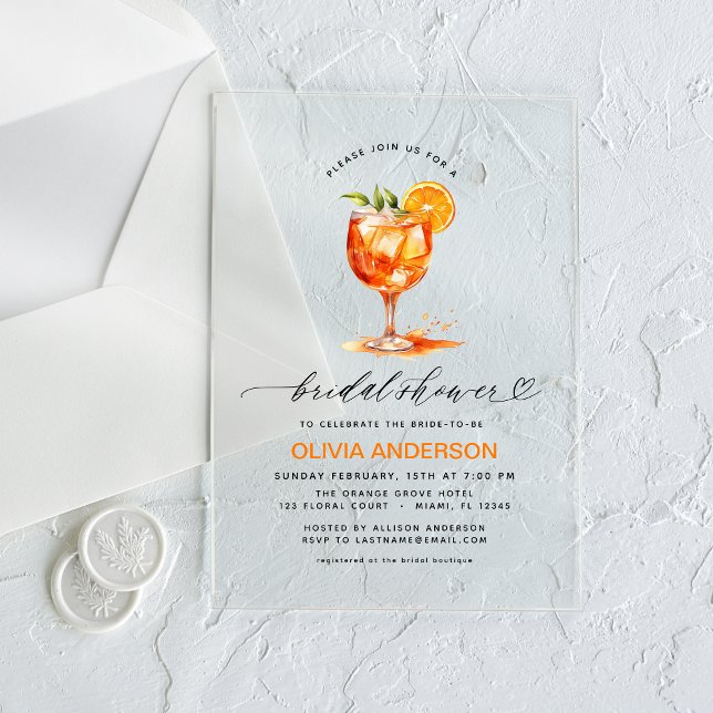 Love at First Spritz Orange Bridal Shower  Acrylic Invitations (Creator Uploaded)