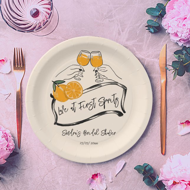 Love at first spritz retro orange bridal shower paper plate (Love at first spritz retro orange bridal shower template paper plates personalized tableware decor)