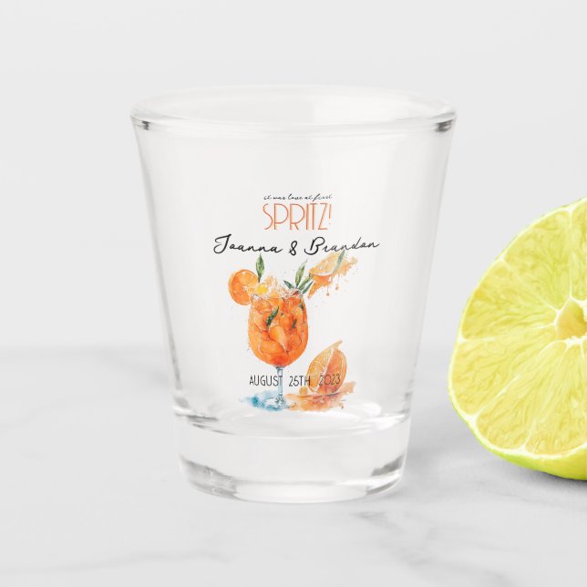 Love At First Spritz Watercolor Engagement Party Shot Glass (Front)