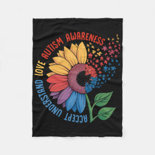 Love Autism Awareness Sunflower Puzzle Piece Quote Fleece Blanket