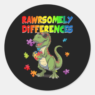Love Autism T Rex Dinosaur Rawrsomely Different To Classic Round Sticker