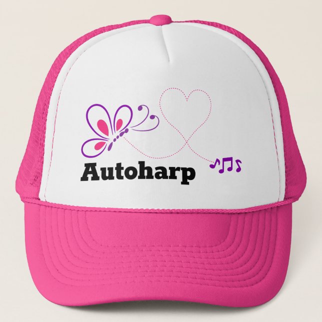 Love Autoharp Pink Purple Butterfly Heart Trucker Hat (Front)