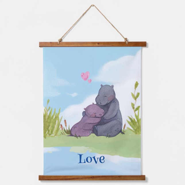 Love, Baby Hippo and her Mother Hanging Tapestry (Front)