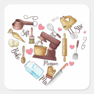 Love Baking Heart Watercolor Square Sticker