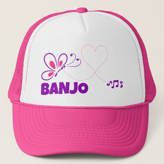Love Banjo Pink Purple Butterfly Heart Trucker Hat (Front)