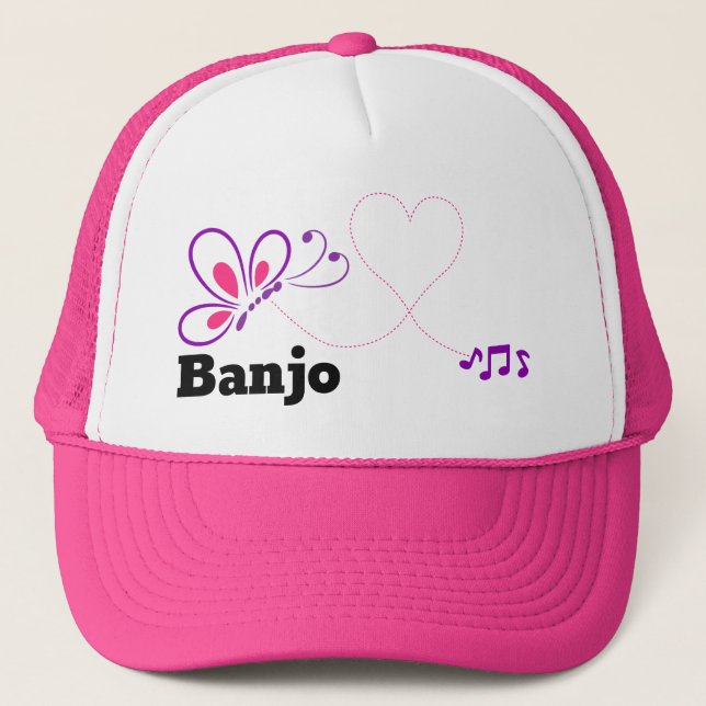 Love Banjo Pink Purple Butterfly Heart Trucker Hat (Front)
