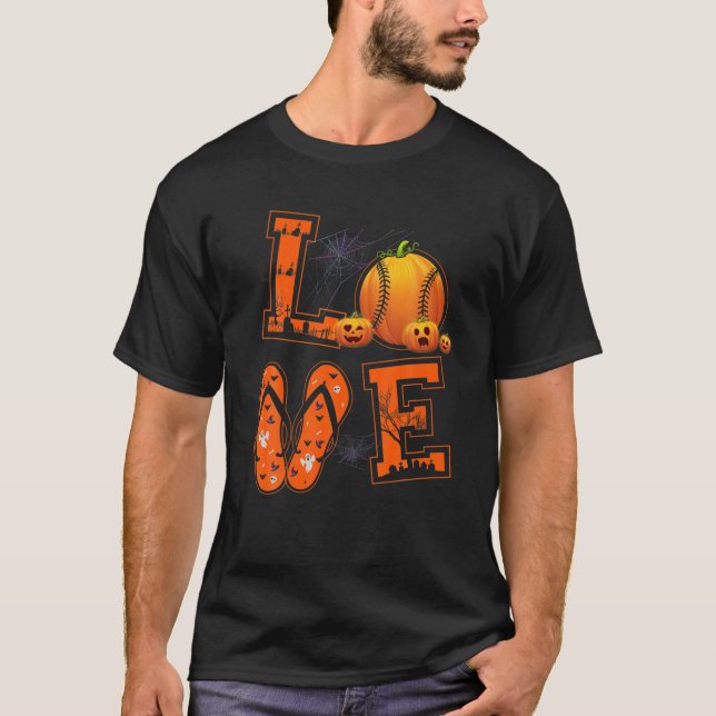 LOVE Baseball Lovers Players Pumpkin Witch Hallowe T-Shirt (Front)