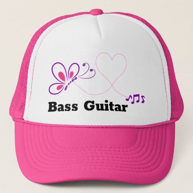 Love Bass Guitar Pink Purple Butterfly Heart Trucker Hat (Front)