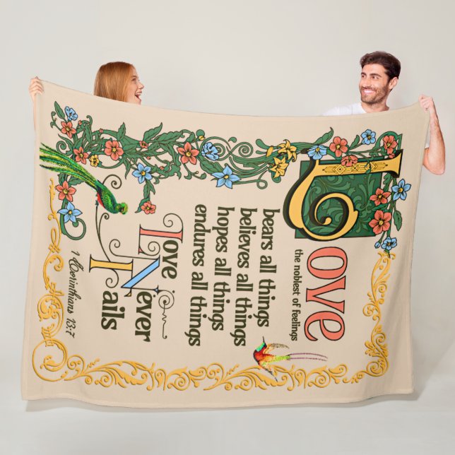 Love Bears All Things Never Fails Bible Verse Poem Fleece Blanket (In Situ)
