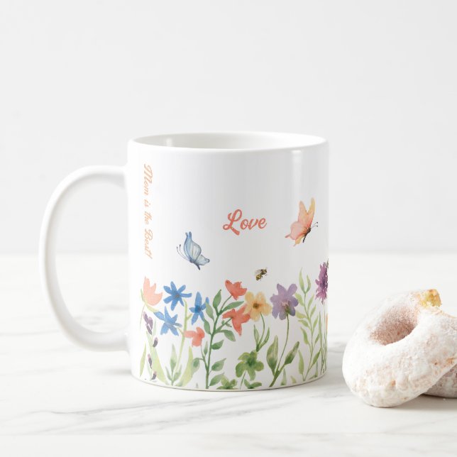 Love Best Mum Painted Spring Flowers Butterfly Bee Coffee Mug (With Donut)