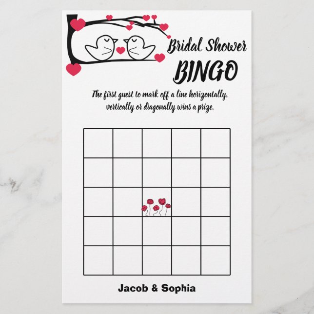 Love Bird Bridal Shower Bingo Game Card (Front)