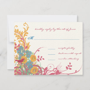LOVE Bird Floral Pink and Blue Wedding RSVP Card
