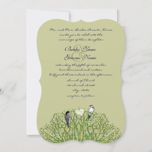 Love Bird Green Swirl Tree Wedding Invitation (Front)