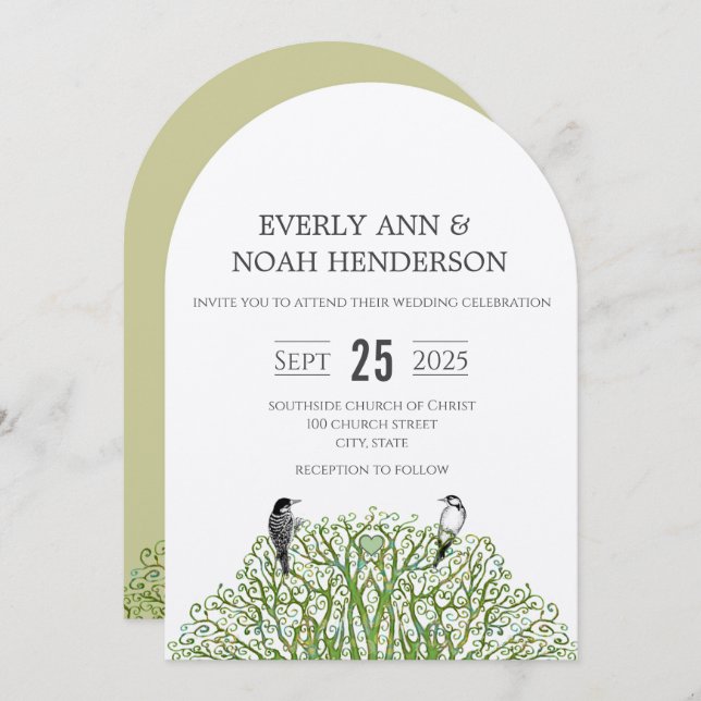 Love Bird Green Swirl Tree Wedding Invitation (Front/Back)