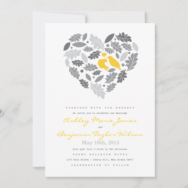 Love Bird Leaf and Heart Wedding Invitation (Front)