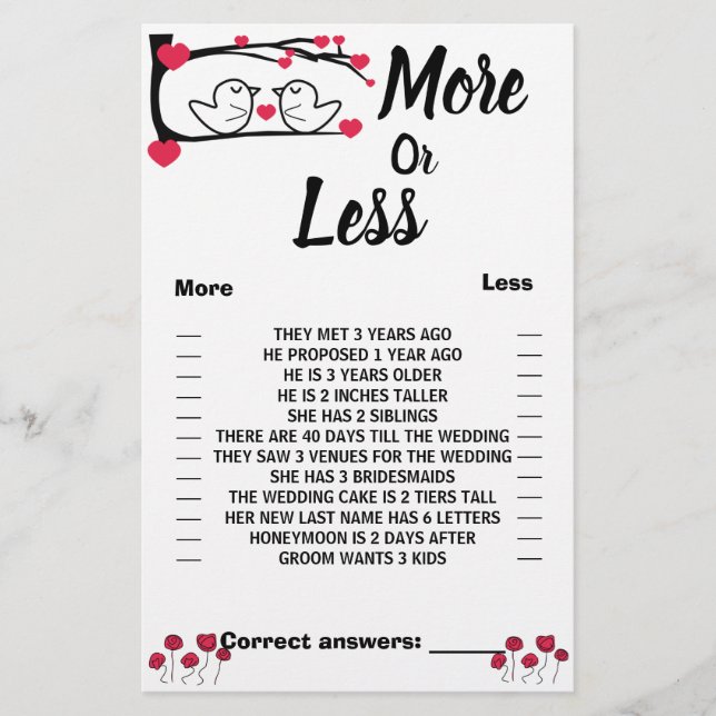 Love Bird More or Less Couples Shower Game Card  (Front)