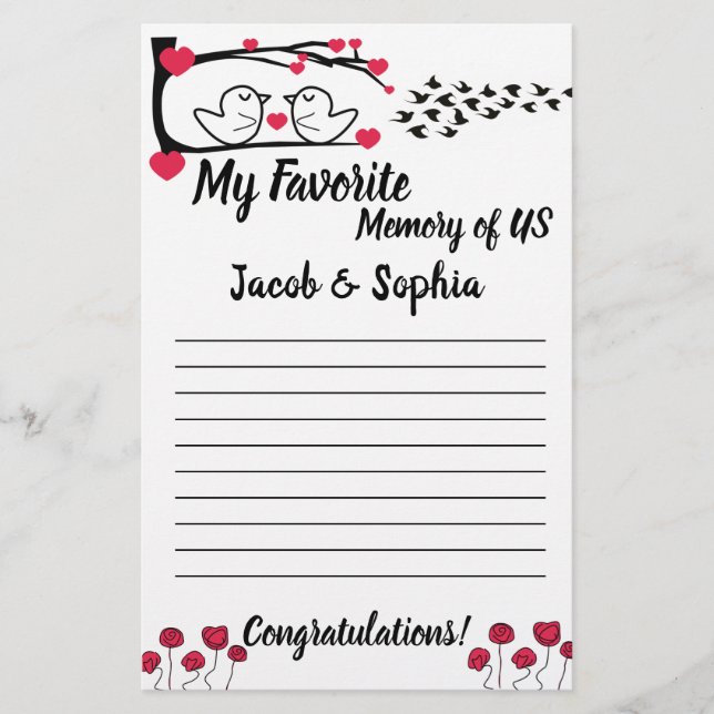 LOVE BIRD MY MEMORY BRIDAL SHOWER GAME CARD (Front)