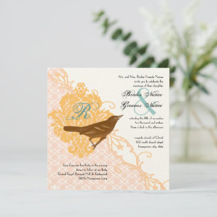 Love Bird Pink Apricot, Robin Egg Blue Damask  Invitation