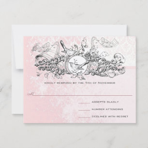 Love Bird Pink Musical Scroll Monogram RSVP Card
