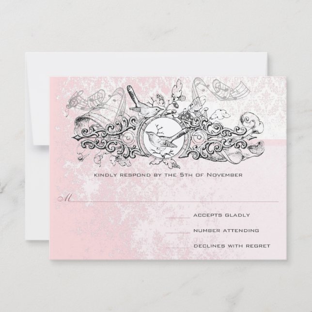 Love Bird Pink Musical Scroll Monogram RSVP Card (Front)